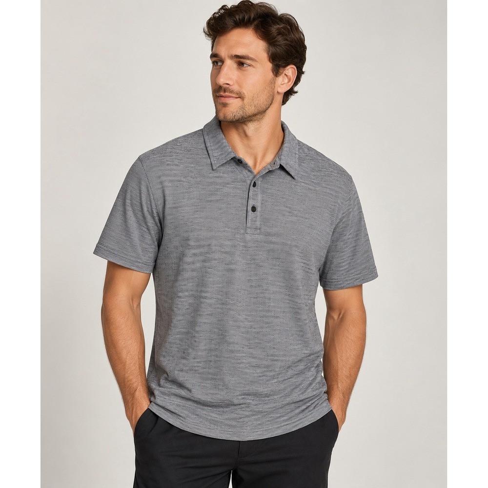 Theory Men's XXL Gray Black Micro Stripe Knit Polo Shirt Short Sleeve 2XL
